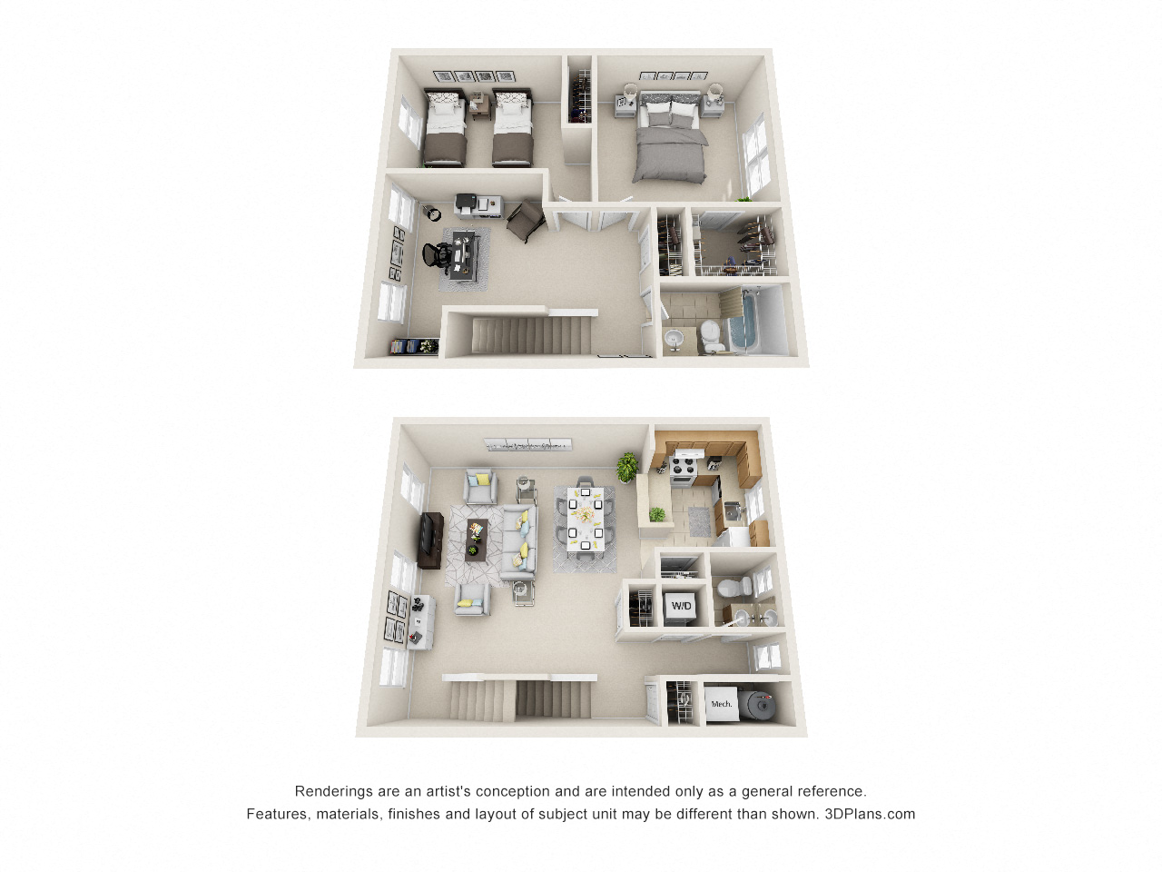 Floor plan for 2 beds, 1.5 baths, 1113 sqft